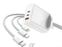 بريف شاحن كمبيوتر محمول 65W PD GaN بثلاثة منافذ - نوع مزدوج C + USB-A مع كابلات 60W Type-C إلى C و20W C إلى Lightning - أبيض